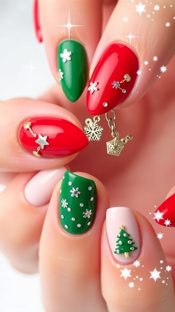 Christmas nail art with red and green polish, decorated with snowflake and tree charms.